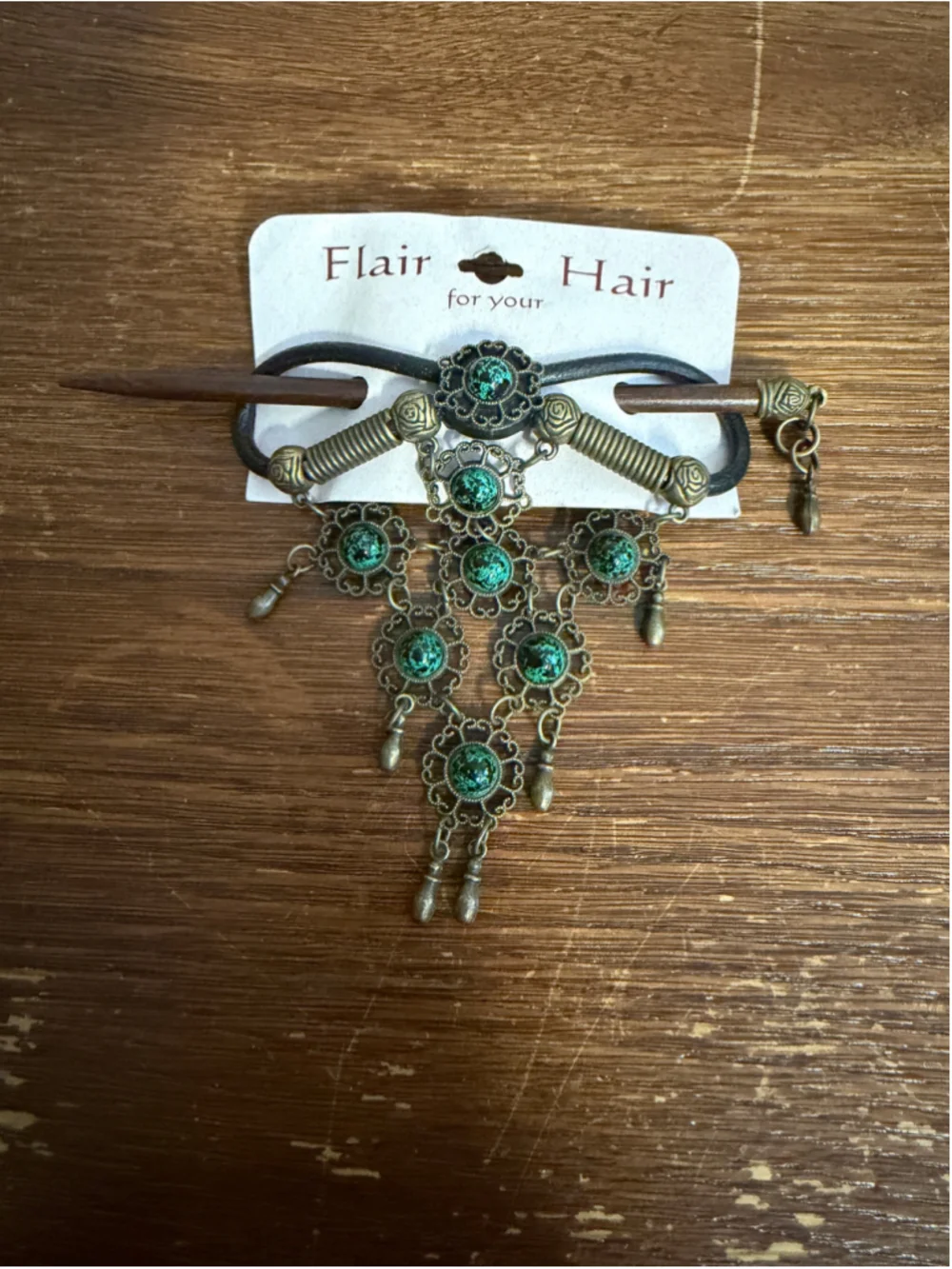 Vintage Flair For Your Hair Green Cabochon Hair Stick Antique Brass Tone Dangle